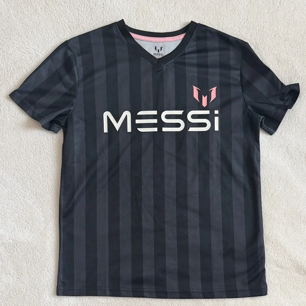 MESSi Kids Black Stripe Athletic Jersey with Pink Accent - Picture 1 of 4